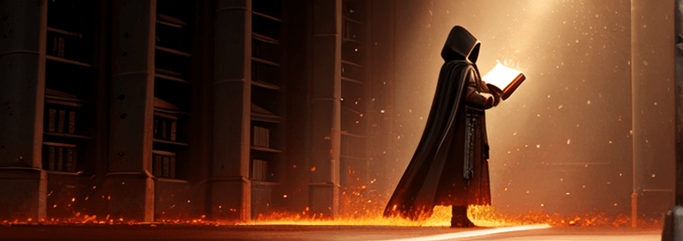TaleSmith — a hooded NPC reads a grimoire in a smoldering library